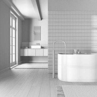 Tamamen beyaz proje taslağı, Japon minimalist banyosu. Kapalı, serbest küvet ve ahşap lavabo. Çiftlik evi iç tasarımı