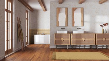 Çiftlik evi minimalist banyosu, sarı ve bej renklerde. Tahta lavabo ve serbest banyo küveti. Klasik retro iç tasarım