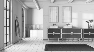 Planlar tamamlanmamış proje taslağı, çiftlik evi minimalist banyosu. Tahta lavabo ve serbest banyo küveti. Klasik retro iç tasarım
