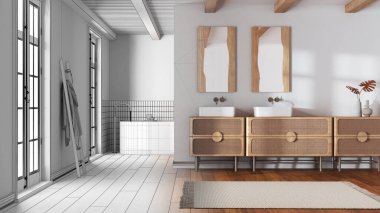 Mimar iç mimar konsepti: elle çizilmiş tamamlanmamış proje gerçek, çiftlik evi minimalist banyosu haline geliyor. Tahta lavabo ve serbest banyo küveti.