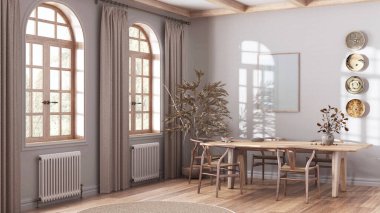 Beyaz ve bej tonlarda klasik İskandinav yemek odası. Sandalye, parke ve çerçeve modeliyle beyazlatılmış ahşap masa. Japandi iç tasarımı