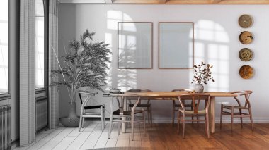 Mimar iç mimar konsepti: elle çizilmiş tamamlanmamış proje gerçek, klasik bir klasik yemek odası haline geliyor. Tahta masa, sandalyeler, parke ve çerçeve modeli.