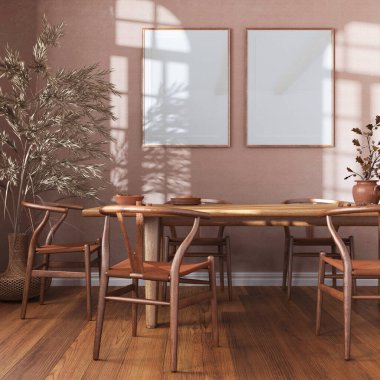 Beyaz ve turuncu tonlarda ahşap retro yemek odası. Sandalyeli masa, parke, dekorasyon ve çerçeve modeli. Çiftlik evi iç tasarımı