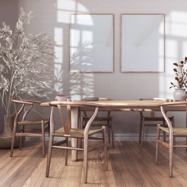 Beyazlar ve bej tonlarıyla beyazlatılmış ahşap retro yemek odası. Sandalyeli masa, parke, dekorasyon ve çerçeve modeli. Çiftlik evi iç tasarımı