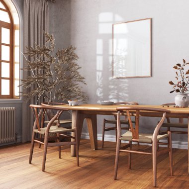Beyaz ve bej renkte İskandinav mahsulü yemek odası. Tahta masa, sandalyeler, parke, dekorlar ve çerçeve modeli. Çiftlik evi iç tasarımı