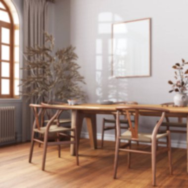 Bulanık arka plan, İskandinav klasik yemek odası. Tahta masa, sandalyeler, parke, dekorlar ve çerçeve modeli. Çiftlik evi iç tasarımı