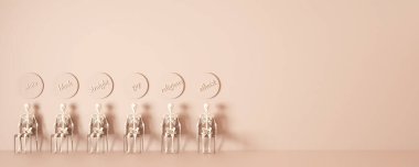 Çeşitlilik, etnik köken, cinsel yönelim, din, sandalyeye oturmuş iskeletlerle duvara yazılmış kelimeler. Fotokopi alanı ve bej tonları olan pankart. Eşitlik kavramı