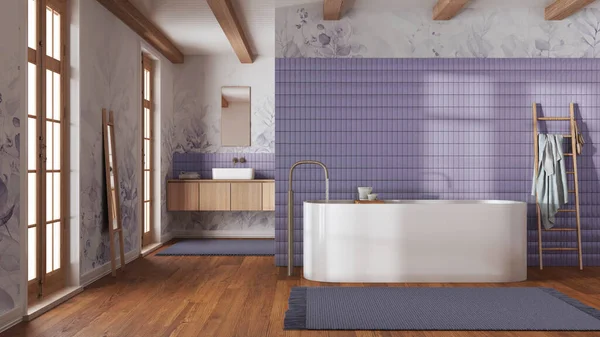 Baño Minimalista Japandi Tonos Blanco Púrpura Bañera Independiente Lavabo Madera —  Fotos de Stock