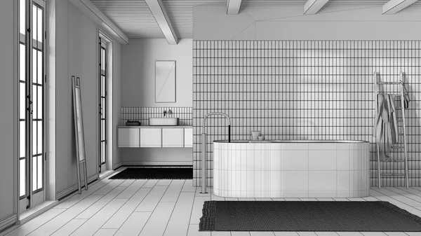 Plan Niedokończonego Projektu Japońska Minimalistyczna Łazienka Wolnostojąca Wanna Drewniana Umywalka — Zdjęcie stockowe