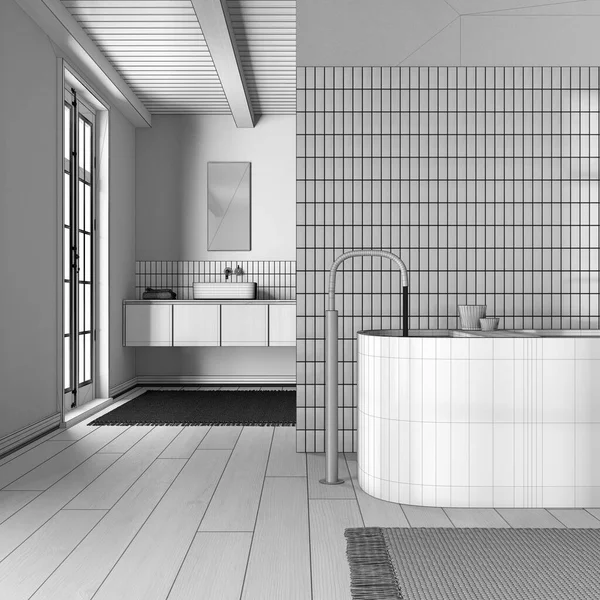 蓝图未完成的项目草稿 日本简约浴室 独立的浴缸和木制洗脸盆 农舍室内设计 — 图库照片