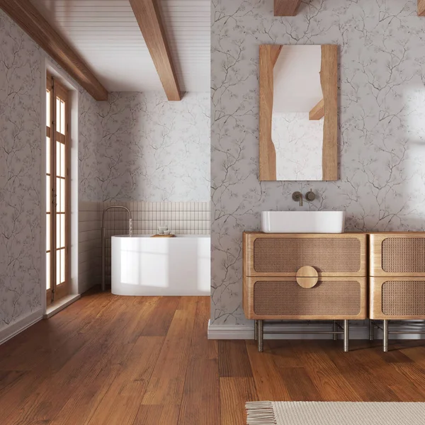 Beyaz ve bej tonlarda klasik minimalist banyo. Tahta lavabo ve serbest banyo küveti. Japandi retro iç tasarımı