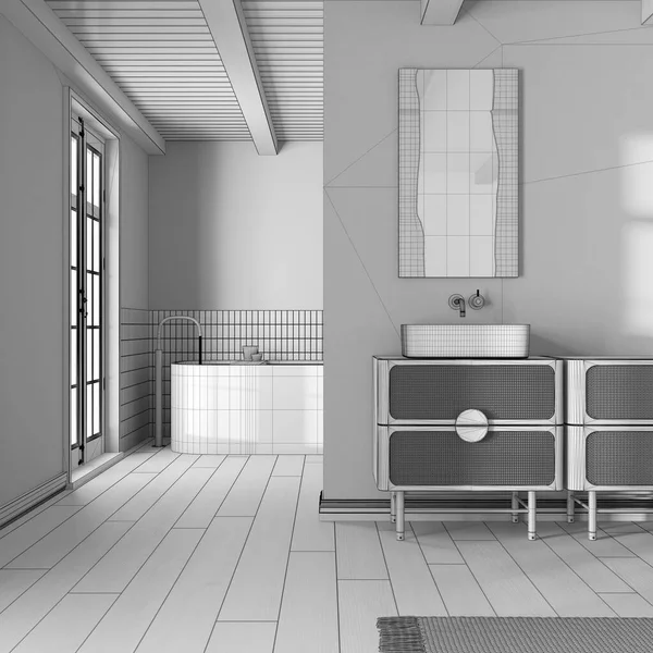 未完成のブループリントプロジェクトの草案 ヴィンテージミニマリストバスルーム 木の洗面台と自立式浴槽 日本レトロなインテリアデザイン — ストック写真