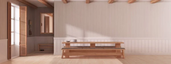 Jadalnia Japandi Drewnianym Minimalistycznym Stołem Odcieniach Bieli Beżu Widok Panoramiczny — Zdjęcie stockowe