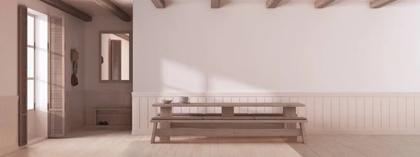 Τραπεζαρία Japandi Ξύλινο Μινιμαλιστικό Τραπέζι Λευκούς Και Λευκασμένους Τόνους Πανοραμική — Φωτογραφία Αρχείου