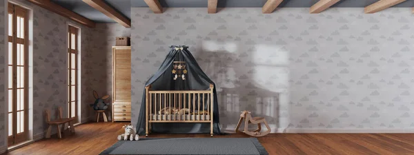 Wooden nursery with wallpaper in white and gray tones with frame mockup. Canopy crib, panoramic view, wall mockup with wallpaper. Vintage interior design