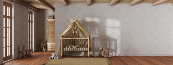 Wooden nursery with wallpaper in white and yellow tones with frame mockup. Canopy crib, panoramic view, wall mockup with wallpaper. Vintage interior design