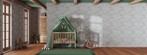 Wooden nursery with wallpaper in white and green tones with frame mockup. Canopy crib, panoramic view, wall mockup with wallpaper. Vintage interior design