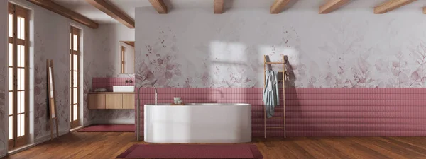 Japandi minimalist bathroom in white and red tones. Bathtub and wooden washbasin. Panoramic view, wall mockup with wallpaper. Farmhouse interior design