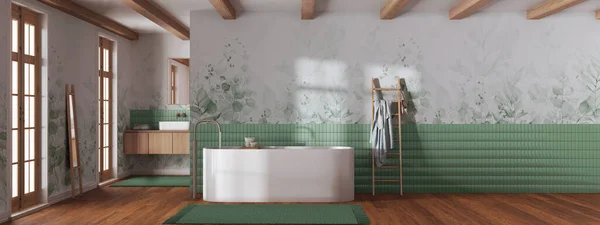 Baño Minimalista Japandi Tonos Blancos Verdes Bañera Lavabo Madera Vista —  Fotos de Stock