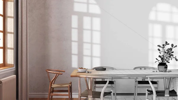 建築家インテリアデザイナーのコンセプト テーブルと椅子を備えた本物の農家のダイニングルームになる手描きの下書き未完成のプロジェクト 左官壁 — ストック写真