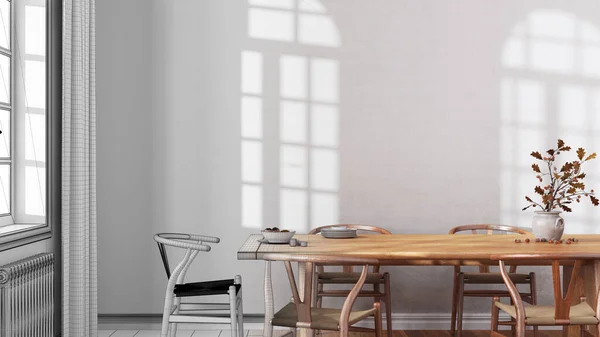 인테리어 디자이너 손으로 미완성 프로젝트는 테이블 의자가 식당이 되었다 플라스터 — 스톡 사진