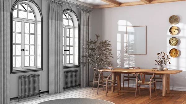 Architect interior designer concept: hand-drawn draft unfinished project that becomes real, classic scandinavian dining room. Wooden table with chairs. Japandi style