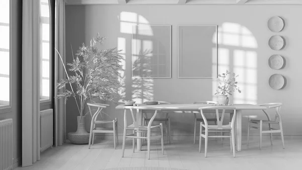 Σύνολο Λευκό Σχέδιο Έργου Κλασικό Vintage Τραπεζαρία Ξύλινο Τραπέζι Καρέκλες — Φωτογραφία Αρχείου