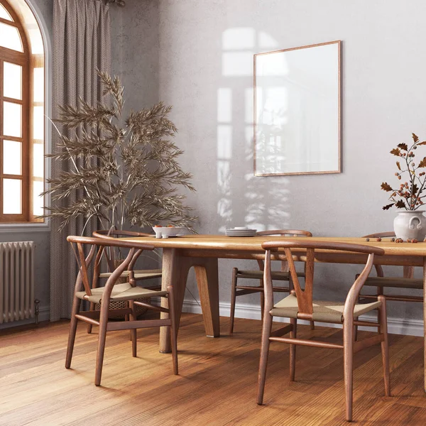 stock image Scandinavian vintage dining room in white and beige tones. Wooden table with chairs, parquet, decors and frame mockup. Farmhouse interior design