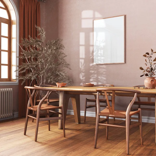 stock image Scandinavian vintage dining room in orange and beige tones. Wooden table with chairs, parquet, decors and frame mockup. Farmhouse interior design