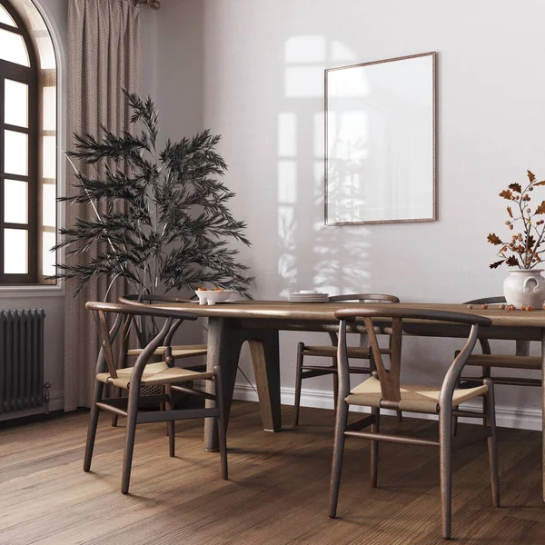 Scandinavian vintage dining room in dark and beige tones. Wooden table with chairs, parquet, decors and frame mockup. Farmhouse interior design