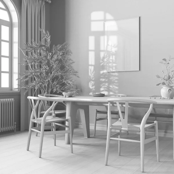 Całkowity Biały Projekt Projektu Skandynawski Vintage Jadalnia Drewniany Stół Krzesłami — Zdjęcie stockowe