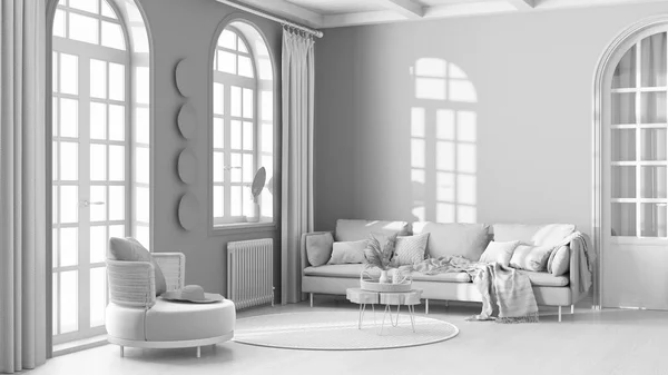 Całkowity Szkic Białego Projektu Skandynawski Vintage Salon Tkanina Sofa Parkiet — Zdjęcie stockowe