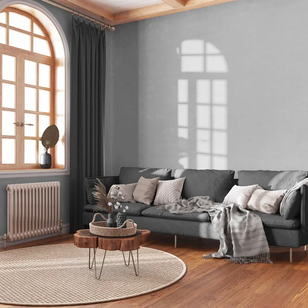 Beyaz ve gri tonlarda ahşap retro oturma odası. Kumaş kanepe, parke, dekorasyon ve duvar modeli. Çiftlik evi iç tasarımı