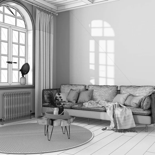 Plan Niedokończonego Projektu Drewniany Salon Retro Tkanina Sofa Parkiet Dekoracje — Zdjęcie stockowe