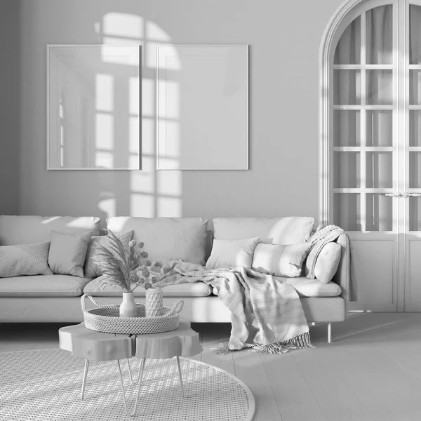 Całkowity Biały Projekt Projektu Klasyczny Salon Vintage Tkanina Sofa Parkiet — Zdjęcie stockowe