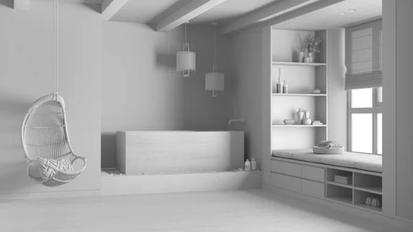 全白色工程草案 简约浴室与漂白木制浴缸 有长椅和枕头的窗户 日本室内设计 — 图库照片