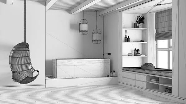蓝图未完成的项目草稿 简约的浴室与漂白的木制浴缸 有长椅和枕头的窗户 日本室内设计 — 图库照片
