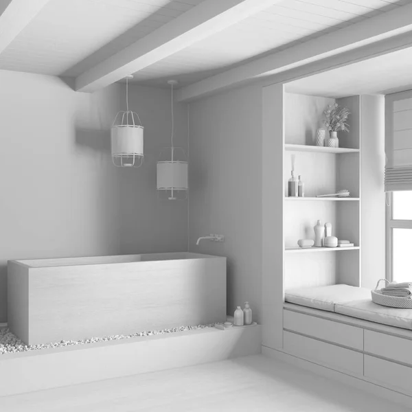 Całkowity Biały Projekt Projektu Łazienka Dom Drewnianą Wanną Okno Ławką — Zdjęcie stockowe