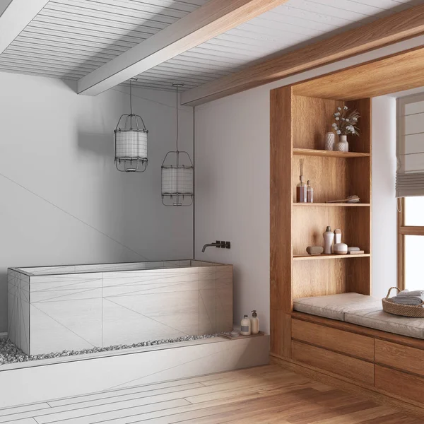 Architect interior designer concept: hand-drawn draft unfinished project that becomes real, farmhouse bathroom with wooden bathtub. Japandi style