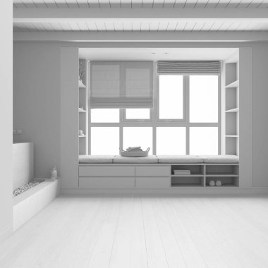 Tamamen beyaz proje taslağı, Japon banyosu ahşap oturma penceresi, bank ve yastıklar. Parke zemin ve küvet. Çiftlik evi iç tasarımı