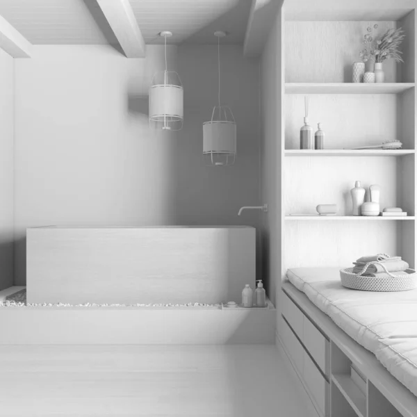全白工程草案 木制日本浴室与独立浴缸 大的坐窗 石膏混凝土墙壁和花篮 农舍室内设计 — 图库照片