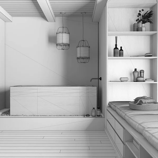蓝图未完成的项目草案 木制日本浴室与独立的浴缸 大的坐窗 石膏混凝土墙壁和花篮 农舍室内设计 — 图库照片