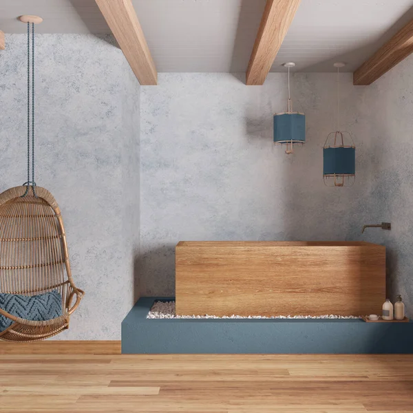 stock image Japandi bathroom with freestanding wooden bathtub in white and blue tones, hanging armchair, plaster concrete walls and parquet. Farmhouse interior design