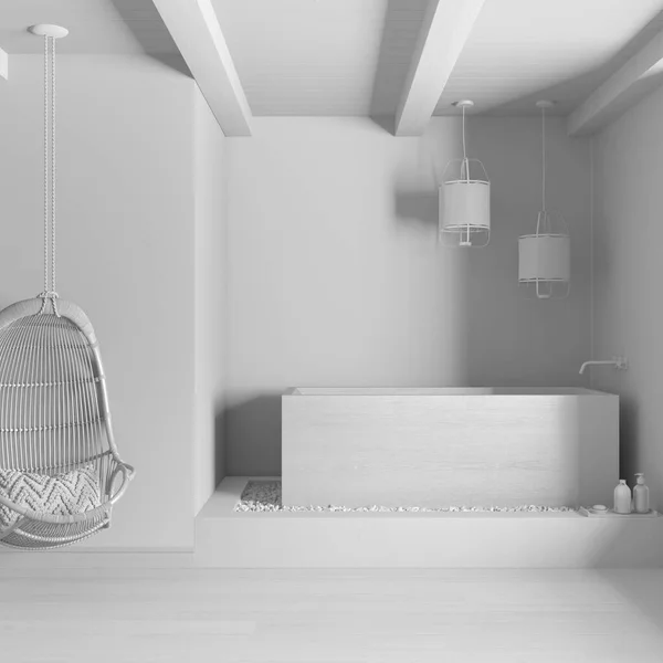Total White Project Draft Japandi Bathroom Freestanding Wooden Bathtub Hanging — Stock Photo, Image