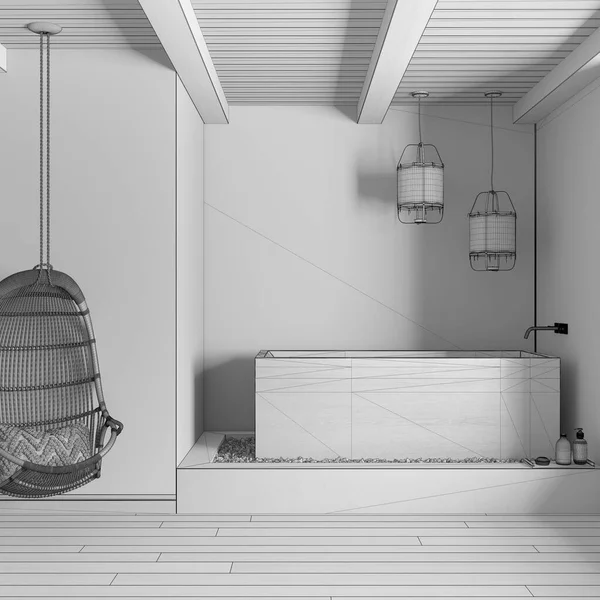 Blueprint Ημιτελές Σχέδιο Του Έργου Japandi Μπάνιο Ανεξάρτητη Ξύλινη Μπανιέρα — Φωτογραφία Αρχείου