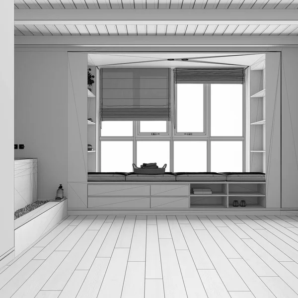 Blueprint Ημιτελές Σχέδιο Έργου Japandi Μπάνιο Ξύλινο Καθιστικό Παράθυρο Πάγκο — Φωτογραφία Αρχείου