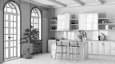 Tamamlanmamış proje taslağı, adalı ve tabureli ahşap bir mutfak. Parke, raflar ve dolaplar. Çiftlik evi iç tasarımı