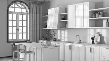 Tamamlanmamış proje taslağı, adalı ahşap mutfak ve tabureler. Parke, raflar ve dolaplar. Bohem iç tasarımı