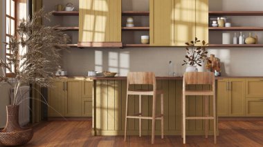 Ahşap mutfak, sarı ve bej tonlarda, ada ve tabureler. Parke zemin, raflar ve dolaplar. Çiftlik evi boho iç tasarımı