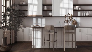 Ahşap mutfak, koyu renkli ve bej renkte, ada ve tabureli. Parke zemin, raflar ve dolaplar. Çiftlik evi boho iç tasarımı